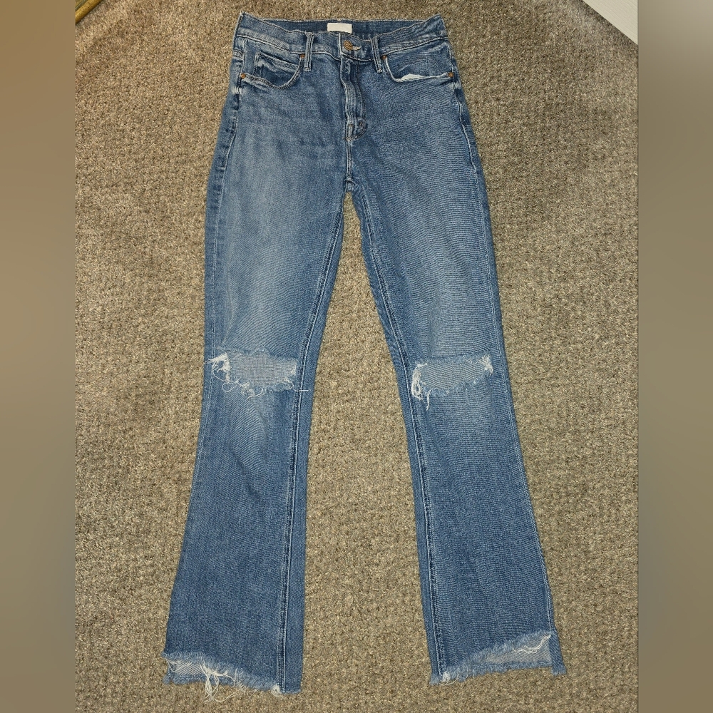 MOTHER Women's Mid-Blue Bootcut Jeans with Knee Rips Runaway Jeans